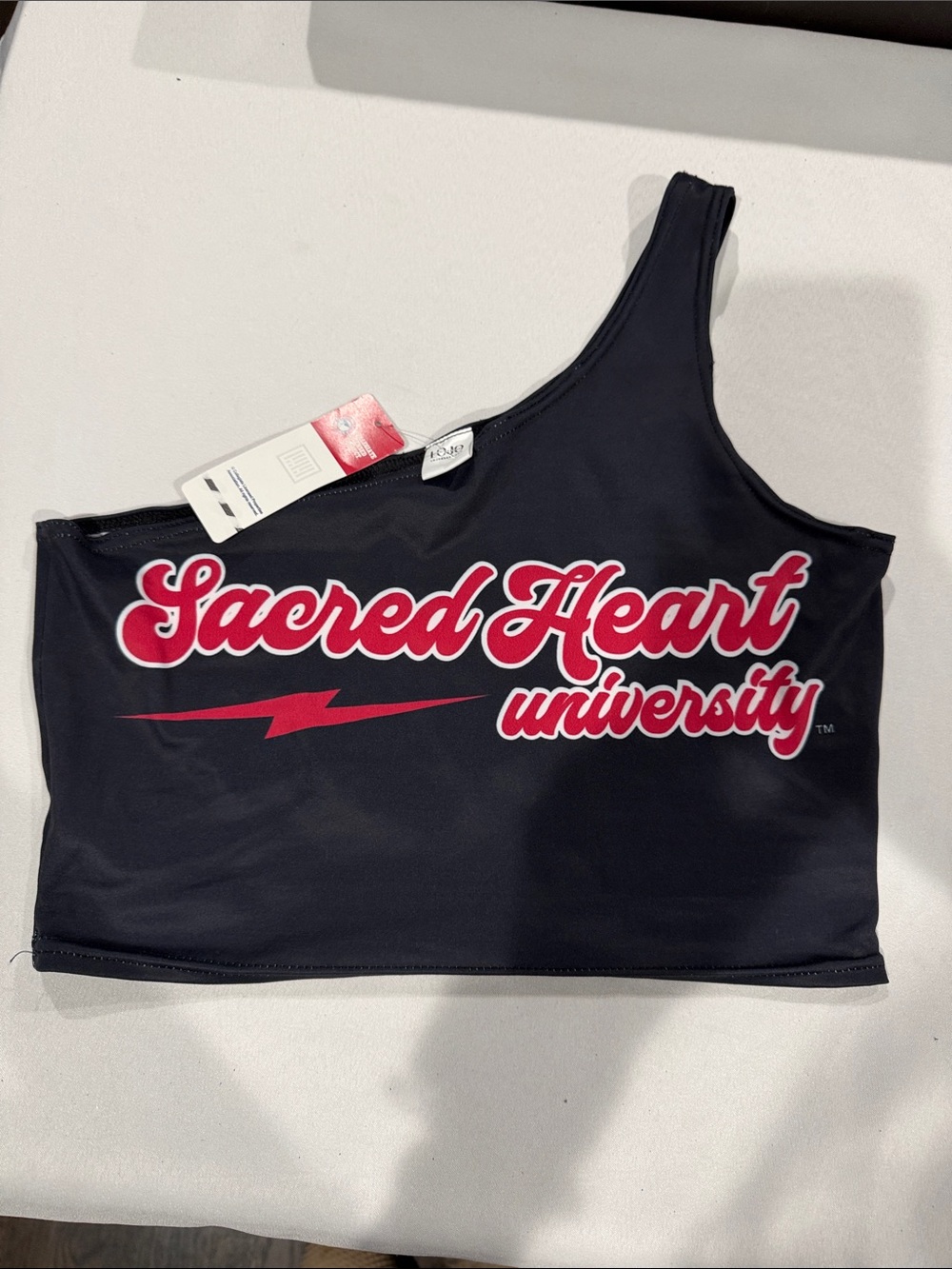 Sacred Heart University One-Shoulder Bandeau in Navy with Red Script